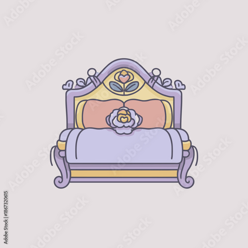 Ornate romantic bed with heart and floral details in pastel tones for elegant love themed illustration