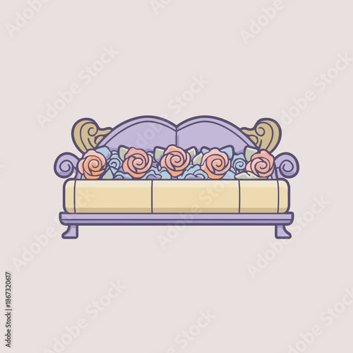 Decorative romantic sofa filled with roses and flowers in soft pastel colors for love themed illustration