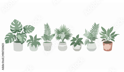 Watercolor potted plants and fern vector set in soft green tones for botanical home decor designs