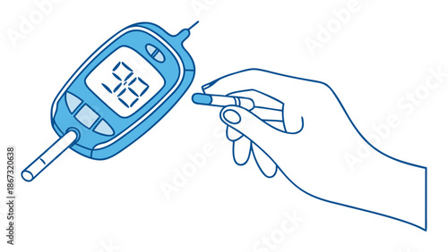 Illustration of a person pricking their finger to test blood sugar levels with a digital glucometer for diabetes management and healthcare awareness