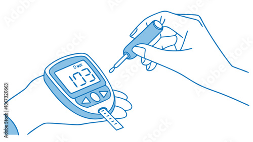Close up illustration depicting a person's hand using a lancet device to draw a drop of blood for glucose testing with a digital glucometer showcasing diabetes management