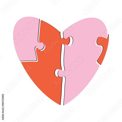 Whimsical coquette pink, red heart in puzzles shapes. Cute vintage valentine element for wedding, invitation. Doodle Valentine's Day sketch. Hand drawn flat isolated vector illustration.