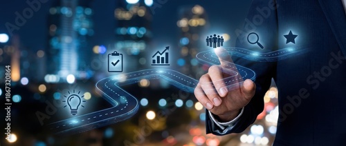 Business Roadmap to Success: Hand Navigating Digital Path with Icons