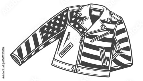 Stylized vintage leather biker jacket with american flag design featuring stars and stripes creating a patriotic and rebellious fashion statement for independence day