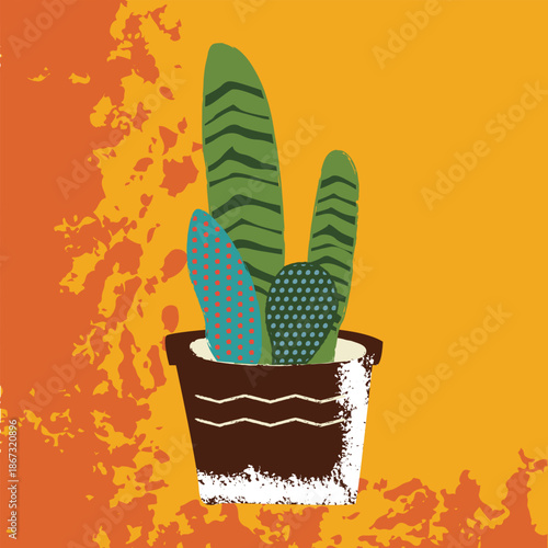 Vibrant Potted Plant Illustration Stylized Colorful Leaves with Zigzag and Polka Dot Patterns on Warm Textured Background