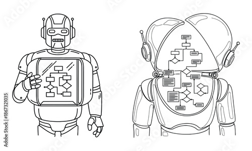 Robot brain logic flowchart icon: ai ethics and decision making