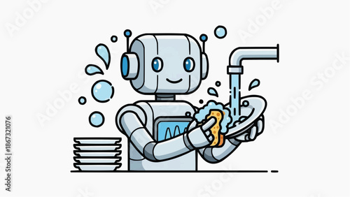 Cute robot washing dishes with sponge under running water