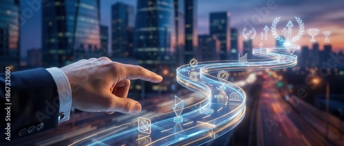 Path to Success: Business Hand Touching Digital Roadmap in Urban Setting