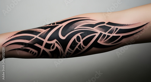 Intricate black tribal arm tattoo design featuring dynamic abstract patterns on a person's forearm, a bold statement piece