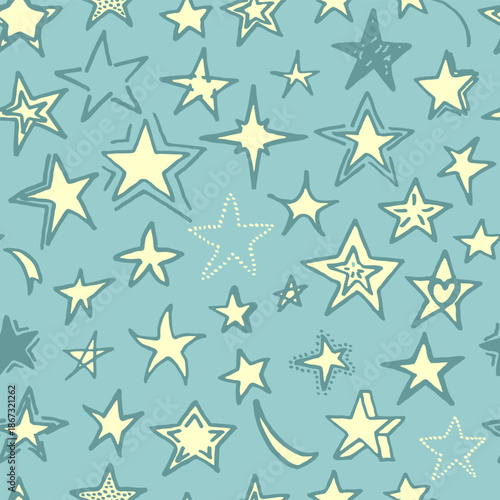 Vector seamless pattern with freehand drawn cartoon yellow stars made in kid childish style on cyan background