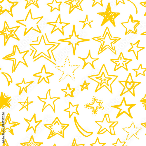 Vector seamless pattern with freehand drawn cartoon yellow stars made in kid childish style on white background