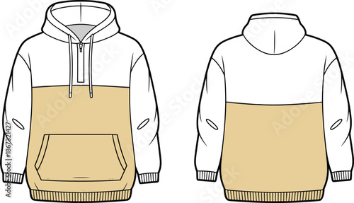 Front and back view of a two-tone color block hoodie with a front pocket sweatshirt pullover