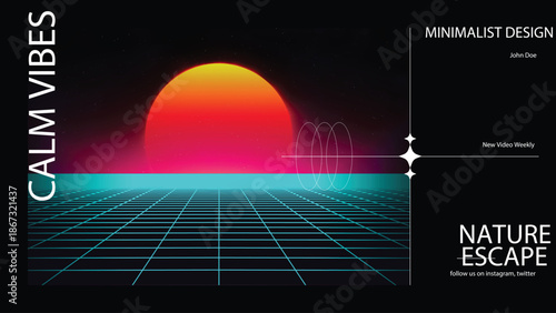 Retro-Futuristic Synthwave Banner Template with Neon Grid Sunset and Nature Escape Minimalist Layout.