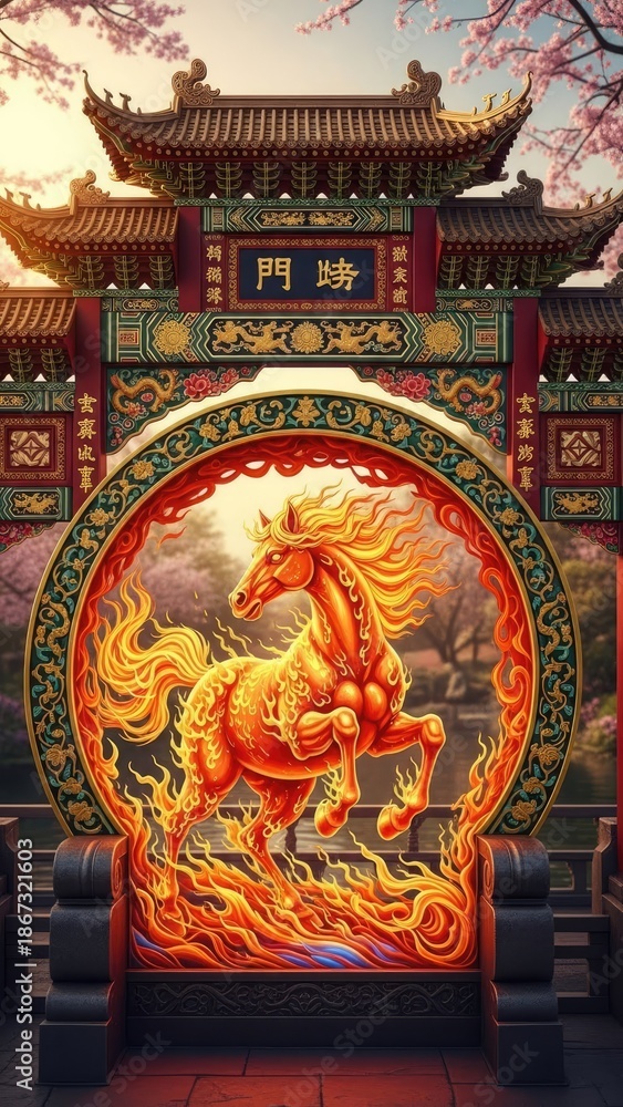 Fototapeta premium Vibrant Golden Horse Zodiac Emblem in a Traditional Chinese Gate, Adorned with Cherry Blossoms, Symbolizing Prosperity and Cultural Heritage