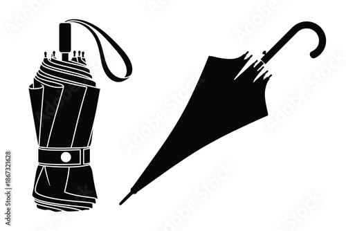 Two closed umbrellas black silhouettes vector illustration rain protection accessory style