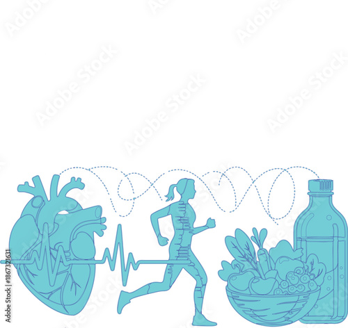 Various elements related to health and well-being. On the left, there's a heart with an electrocardiogram (ECG) waveform, symbolizing cardiovascular health.