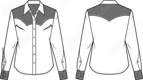 Front and back view of a white and grey western style long sleeve shirt western shirt cowboy shirt
