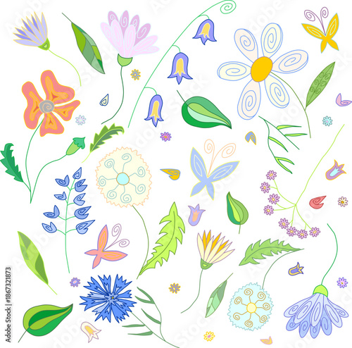 Set of different cartoon wild field flowers of different colors leaves and butterflies. Plants. Vector illustration.