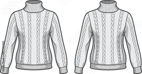 Front and back view of a white cable knit turtleneck sweater with detailed stitching knitwear winter clothing