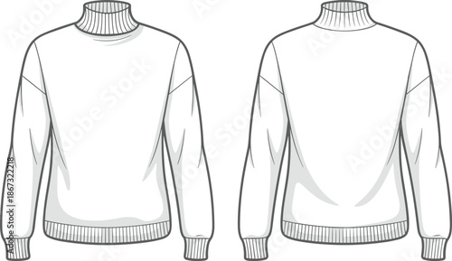 Front and back view of a white knitted turtleneck sweater with ribbed collar and cuffs knitwear winter clothing