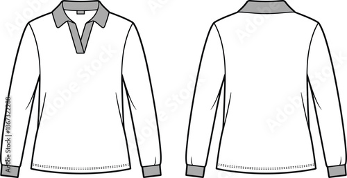 Front and back view of a white long-sleeved polo shirt with a grey collar long sleeve shirt t-shirt