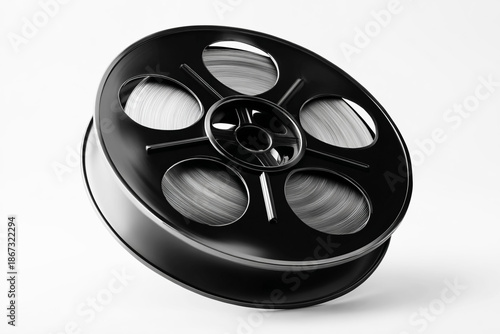 Black Film Reel on White Background Representing Cinema – Movie and Entertainment Concept.