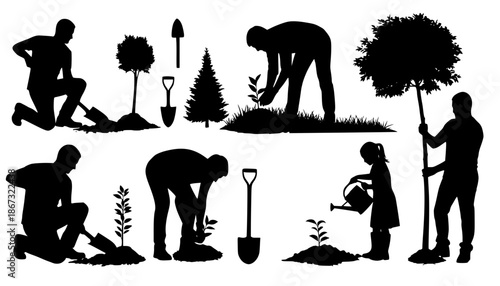 Silhouette of people planting trees various poses set collection. Family gardening and planting trees outdoor different poses silhouette set.

