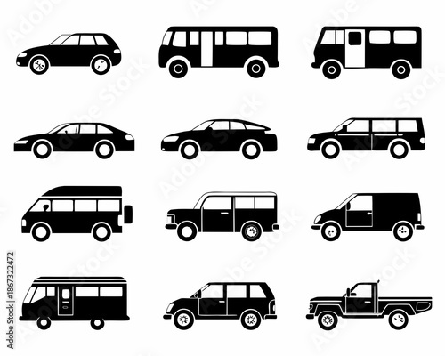 Collection of various vehicle silhouettes including cars vans and trucks
