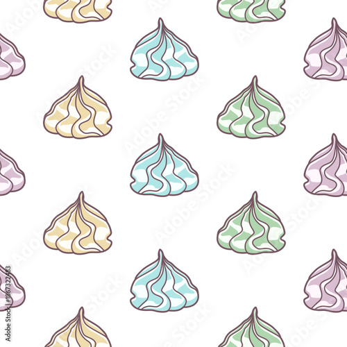 Meringues zephyrs pastries cupcakes snacks of different colors colorful on white background. Dessert. Sweets and candies. Vector seamless pattern.