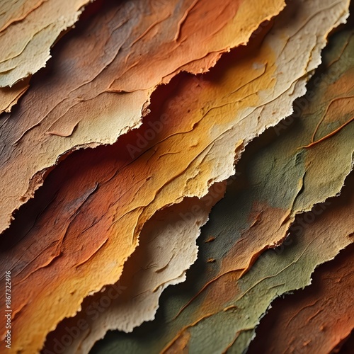Abstract organic background with layers of torn paper or natural bark texture in warm earthy colors including orange yellow brown and muted green for creative art and nature-inspired projects