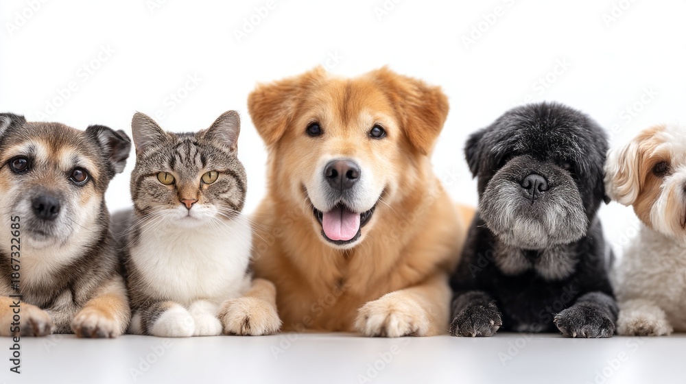 Obraz premium A group of cute pets sits closely on a smooth white surface, showcasing their playful personalities. Each furry friend radiates happiness, creating a heartwarming scene full of charm