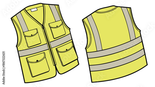 Two hi vis safety vests with pockets are displayed in a vector illustration against a white background offering a clear view of workwear apparel