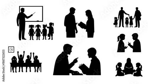 Set of teacher and student silhouette interactions, educational concept vector with children and adults in various learning scenes