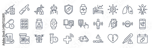 MedTech and pharma line icon set. Pill reminder, wearable tracker, emergency alert, glucose monitor, AI assistant, prescription outline vector illustrations. Signs for digital healthcare.