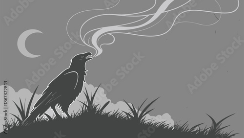 Mystical raven silhouette on a hill under a crescent moon emitting smoke creating a dark moody vector illustration with a vintage storybook aesthetic ideal for spooky