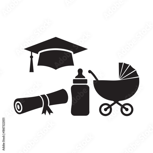 Set of graduation and baby care icons representing education and parenthood journey