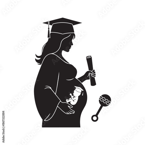 Pregnant student silhouette holding diploma showing fetus wearing graduation cap inside