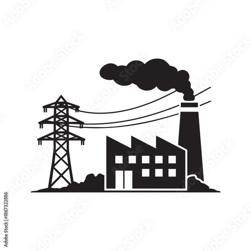 Power plant industrial factory building with chimney smoke and high voltage tower silhouette