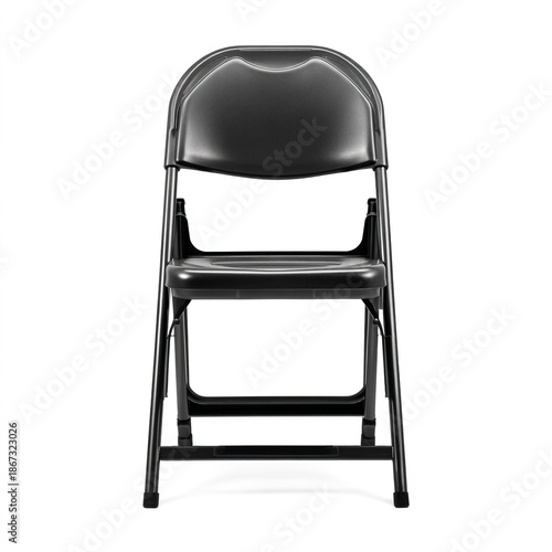 Black Metal Folding Chair – Front View on White Background.