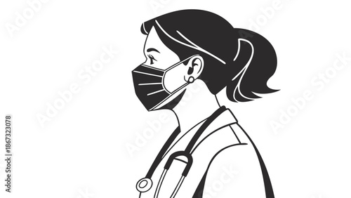 Detailed line art illustration showcases a female healthcare worker wearing a surgical mask and stethoscope symbolizing medical professionalism and safety during a health