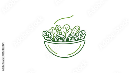 A simple line drawing of a bowl filled with fresh salad leaves and vegetables from a straightforward viewpoint