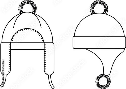 Front and Side Fashion Flat Sketch of a Winter Hat with Ear Flaps and Pom- Pom beanie pom-pom