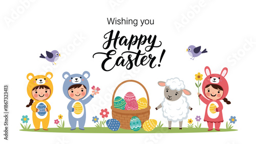 Happy Easter greeting card showing children in cute animal costumes with a basket of colorful decorated eggs and a sheep.