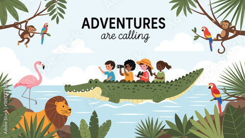 Adventures are calling jungle scene with children riding a giant crocodile surrounded by a lion, flamingo, and monkeys.