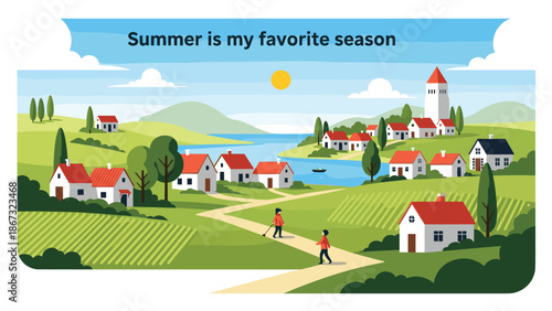 Summer is my favorite season panoramic landscape showing a peaceful village with red-roofed houses, fields, and a lighthouse.