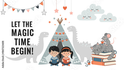 Let the magic time begin illustration with children reading in a tent surrounded by dinosaurs, a cat, and books.