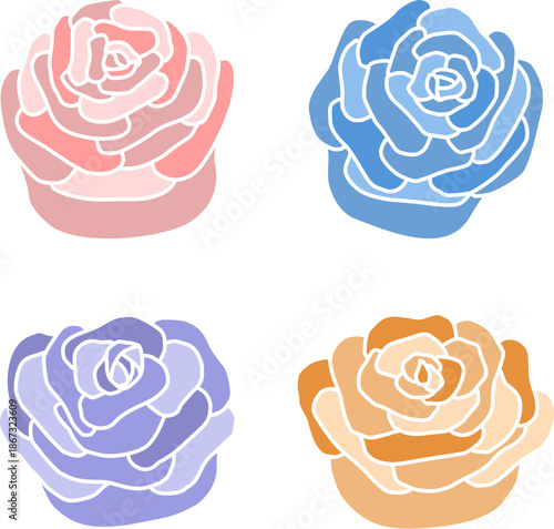 Set of different cartoon buds of roses of different colors. Flowers. Floral elements. Vector illustration.