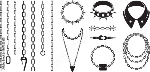 Punk and gothic jewelry accessories set featuring spiked collars and heavy metal chain silhouettes vector illustration