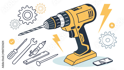Vector illustration of a yellow cordless drill with various hand tools and gears ideal for construction home improvement and diy projects displayed on a white background
