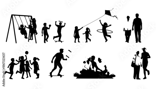 People different ages doing outdoors activities with various poses in public park vector silhouettes. People all ages playing in park family bonding leisure time black silhouette set